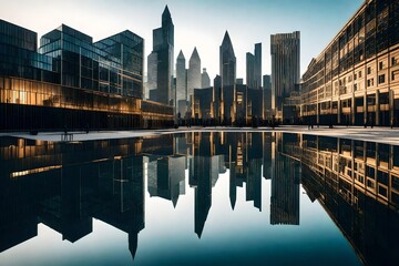 Cityscape mirrored in the pristine waters of a reflective urban lake surrounded by architectural marvels.