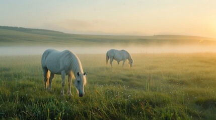 Obraz na płótnie Canvas The white horse on the grassland in the morning, with the light dust, the scenery is large
