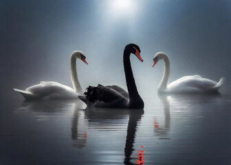Black swan event. Image of a real black swan in a group of white swans on a misty lake.