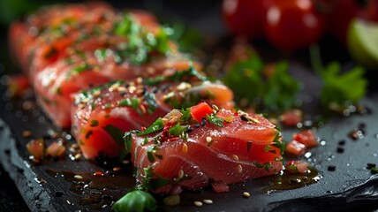 Fresh tuna slices seasoned with spices presenting a delectable sashimi dish - obrazy, fototapety, plakaty