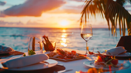 Romantic dinner at the beach restaurant on a beautifully served table with seafood and white wine...