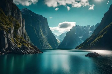 A breathtaking fjord surrounded by towering cliffs, with the calm waters reflecting the dramatic landscape. - obrazy, fototapety, plakaty