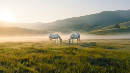 The white horse on the grassland in the morning, with the light dust, the scenery is large