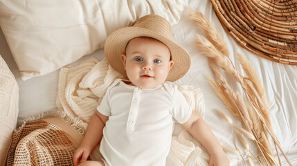 Happy smiling adorable baby wearing bodysuit and straw hat lies on white bedsheets at home. Top view. Cute smiling little infant on white soft blanket. Baby care, clothing, products, health Boho style