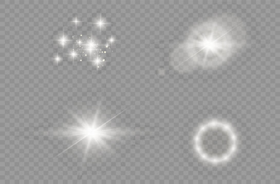 Light effect set. Glow isolated white transparent light effect set, lens flare, explosion, glitter, dust, line, sun flash, spark and stars, spotlight, curve twirl. Sunlight, abstract special effect.