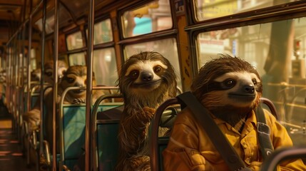 Fototapeta na wymiar sloths driving the bus and the seats were full of sloths.
