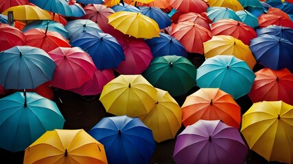 A bunch of colorful umbrellas hanging up in the air. Ai ganerated image