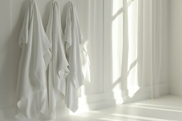 Three clean white towels hanging on a sunny wall next to a window with bright sunlight streaming in
