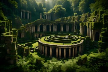 A cluster of ancient ruins nestled amidst a dense forest, with nature slowly reclaiming the stone...