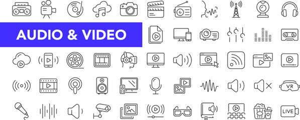 Fototapeta na wymiar Audio and Video icon set with editable stroke. Music and Video thin line icon collection. Vector illustration