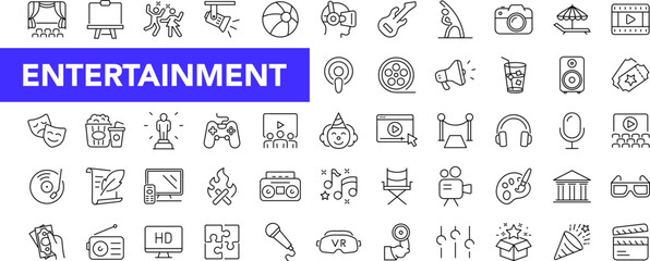Entertainment icon set with editable stroke. Lifestyle and Entertainment thin line icon collection. Vector illustration