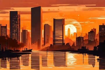 A city waterfront at sunset, with modern architecture silhouetted against a sky painted in warm hues. - obrazy, fototapety, plakaty