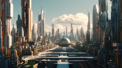 Futuristic cityscape with towering skyscrapers in the background - obrazy, fototapety, plakaty