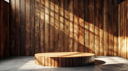 A minimalist podium set against the backdrop of an elegant wooden wall with horizontal slats, creating a sense of depth and texture in the scene. The sunlight casting soft shadows adds to its luxury. 