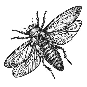 Cicadidae cicada flying insect animal sketch engraving generative ai fictional character vector illustration. Scratch board imitation. Black and white image. T-shirt apparel print design. 