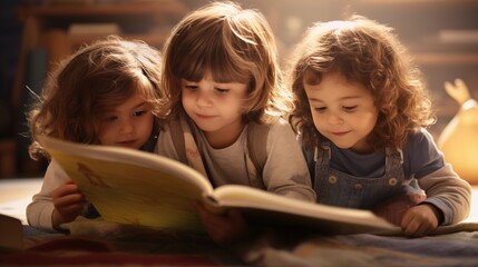 Captivated kids sharing a storybook in cozy lighting