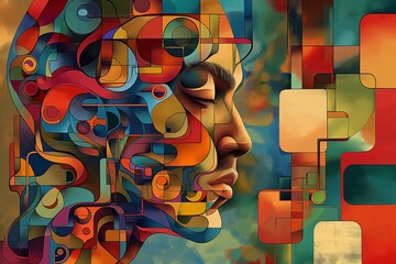 Abstract art profile of a woman with colorful shapes