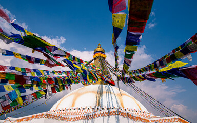 landscape view of Baudhanath stupa in Kathmandu, Nepal.