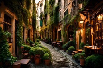 A quiet cobblestone street lined with quaint cafes, embraced by ivy-covered facades. - obrazy, fototapety, plakaty