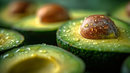 Vibrant and fresh cut avocados with glistening seeds, ideal for healthy lifestyle themes