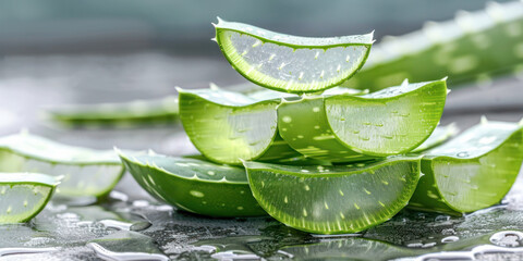 Sliced Aloe Vera Leaves. Sliced aloe vera leaves with fresh gel, showcasing the plant's natural soothing and healing properties. - obrazy, fototapety, plakaty