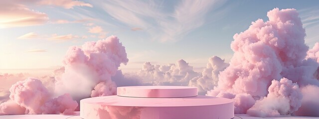 front view, round pink podium in the sky. For banner, design, cover, commercial, LinkedIn, YouTube, social media, presentation