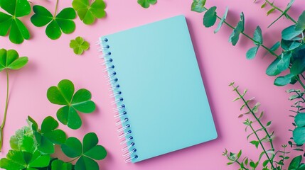 horizontal, top view of blue notebook on isolated blue background with copy space for text. Back to school concept. For teacher day, mockup, layout, design, template, writers, banner, presentation