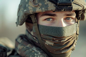 Closeup portrait of military man in uniform and face mask, showing determination and readiness for duty