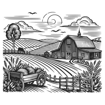 cozy rural farm house pastoral landscape, featuring farmhouses, cultivated fields, lush vegetation. Sketch engraving generative ai vector illustration. Scratch board imitation. Black and white image.