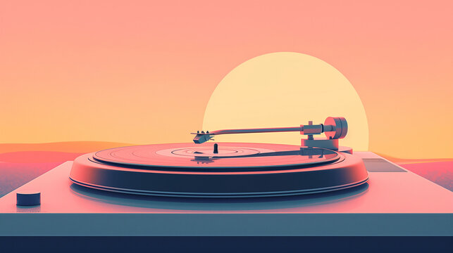 3D render vinyl record turntable in pink sky sunset 2