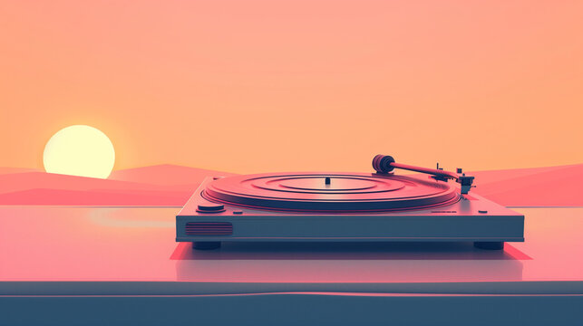 3D render vinyl record turntable in pink sky sunset 1