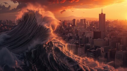 A huge tsunami wave engulfing the city	
 - obrazy, fototapety, plakaty