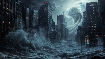 A huge tsunami wave engulfing the city	
 - obrazy, fototapety, plakaty