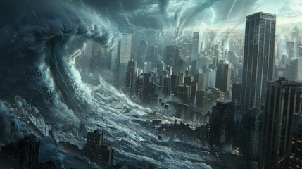 A huge tsunami wave engulfing the city  - obrazy, fototapety, plakaty