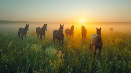 Foto op Canvas In the morning on the grassland grazing horses, with light dust, scenery © SHI