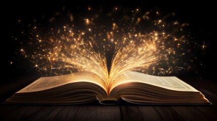 Golden magic book with spells, golden glow around	
