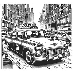 New York taxi cab on a bustling city street with skyscrapers in the background sketch engraving generative ai fictional character vector illustration. Scratch board imitation. Black and white image.