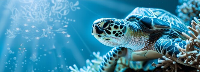 A banner with a turtle on a blue background and place for text. The concept of World Turtle Day. 