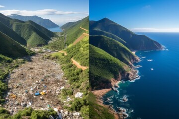 Before and after. Cleaned-up beaches and parks from successful recycling efforts - obrazy, fototapety, plakaty