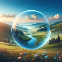 abstract natural landscape with river inside a crystal globe