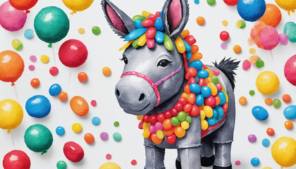 Photo Of Watercolor Donkey Piã±Ata With Candies - obrazy, fototapety, plakaty