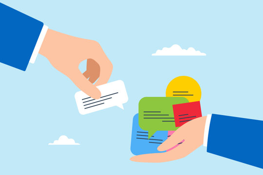 Businessman hand giving feedback speech bubble to manager, illustrating employee satisfaction survey. Concept of receiving customer advice, and opinions for improvement through effective communication