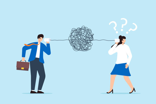 Businessman struggles with bad communication as he talks through messy, tangled phone line, causing confusion others. Concept misunderstandings, unclear messages, and miscommunicate information