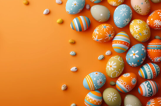 Easter background with painted eggs on an orange color