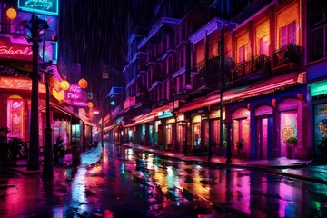 Rain-kissed city streets gleaming under streetlights with a backdrop of neon-lit buildings.