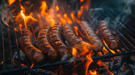 sausages grilling over an open flame, flavorful sausages - obrazy, fototapety, plakaty