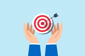 Muurstickers Businessman hand holds bullseye with arrow, illustrating aiming business target accurately. Concept of setting goals, focus and concentration to achieve success, pursuing objectives with purpose © VZ_Art