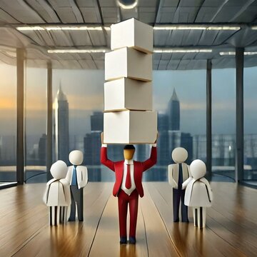 3D illustration about leadership and teamwork. Red leader leading by example carrying a representative box.
