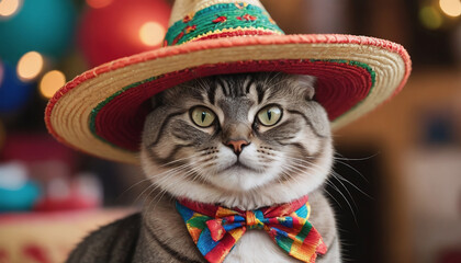 Photo Of Celebratory Cat With Sombrero At Mexican Hat Party