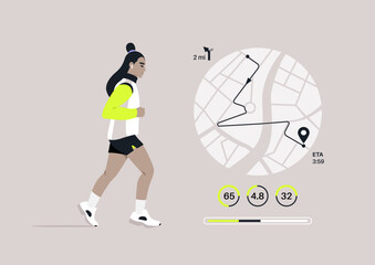 A Jog Progress, Tracking Distance and Performance Metrics, A runner is shown mid-stride with a graphical overlay of their route and fitness statistics - obrazy, fototapety, plakaty